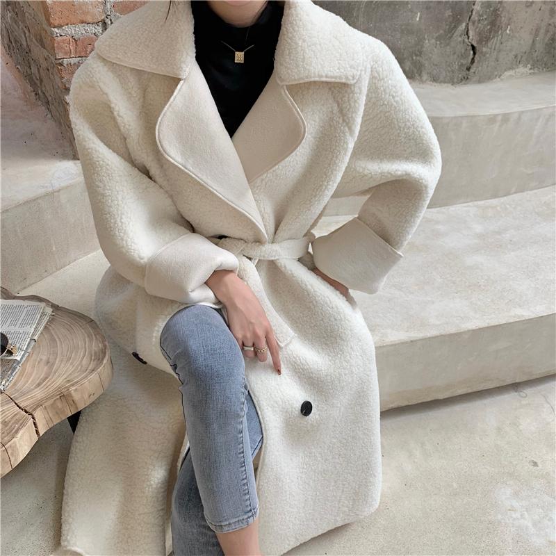 

Autumn winter clothing Korean version loose mid-length temperament popular lamb wool windbreaker jacket female thick coat, Black
