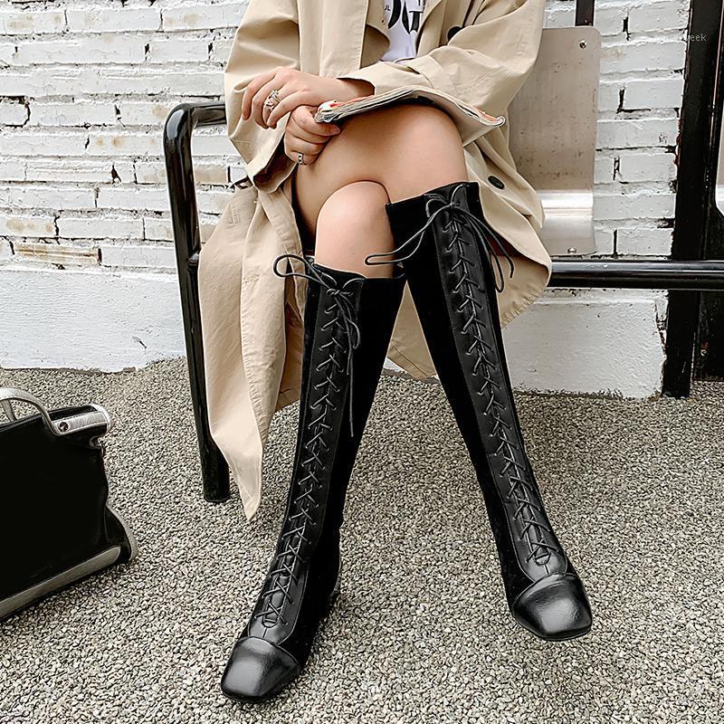 

BYQDY 2021 Women Fashion Black Square Heel Woman Leather Shoes Spring Autumn Lacing Knee High Boots Winter PU Shoes Wholesale1, Gray shoes