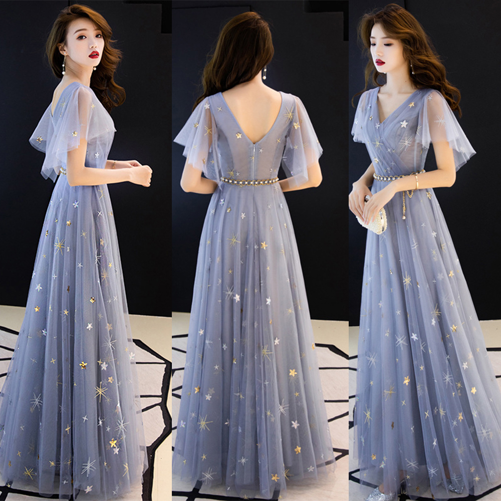 

Homecoming Dress Haze Blue Ruffles Sleeve Stars Sequins Tulle Long Prom Robe A-line Elegant Formal Party Dress