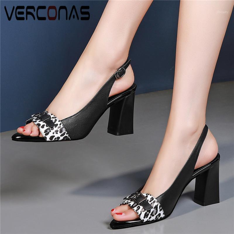 

VERCONAS Women Thick Heel Genuine Leather 2020 Design Comfortable Lace Up Sandals High Heels Summer Concise Shoes Woman1, Black