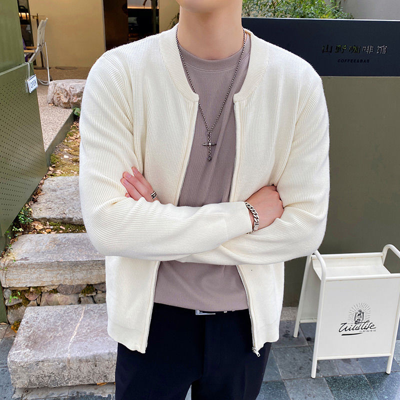 

Men's Autumn 2021 New Fine Mesh Cardigan Sweater Leisure Male Wear TKW9, White