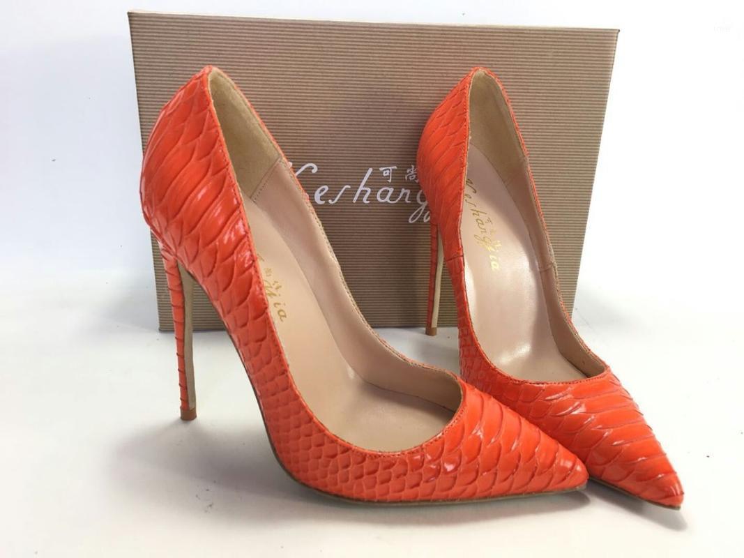 

Keshangjia Fashion PU Leather High Heels Women Pumps Sanke Printing Pointed Toe Work Pump Wedding Shoes1, Orange