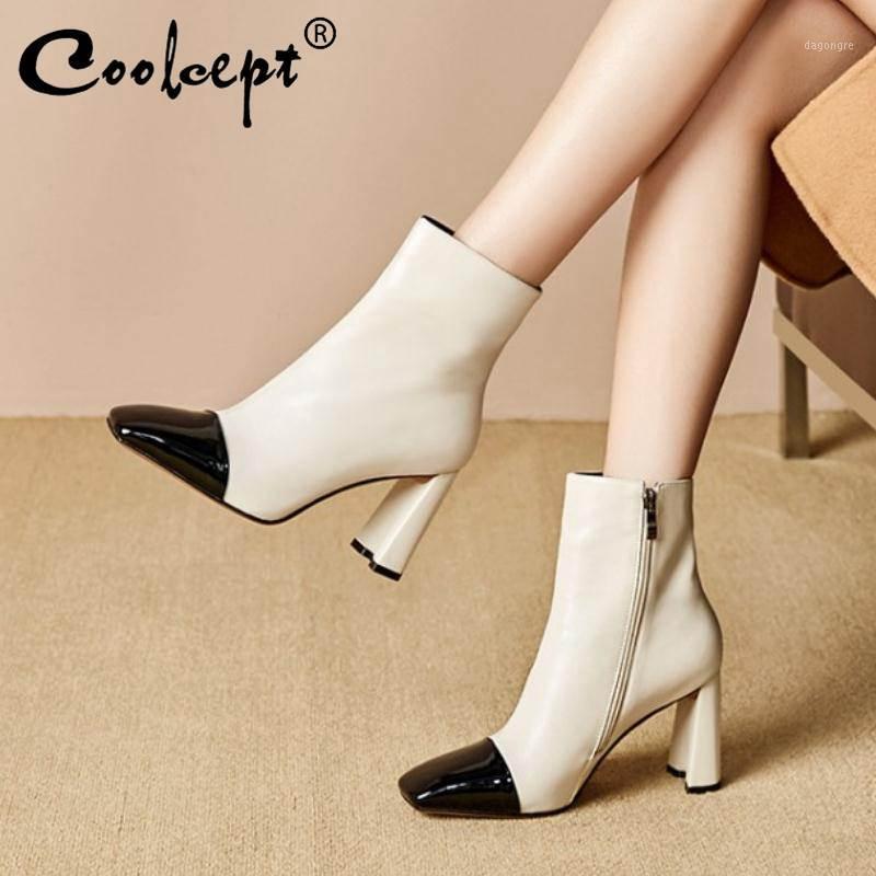 

Coolcept Ankle Boots For Women Real Leather Square Toe High Heels Short Boots Office Lady Casual Winter Shoes Women Size 34-391, Black