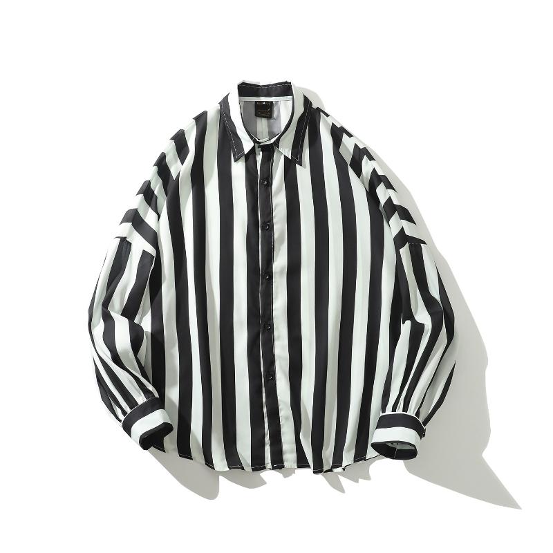

Retro Vertical Stripes Streetwear Handsome Long Sleeve Shirt Men Spring New Quality Polyester Soft Smooth Camisa Masculina -XXL, As picture