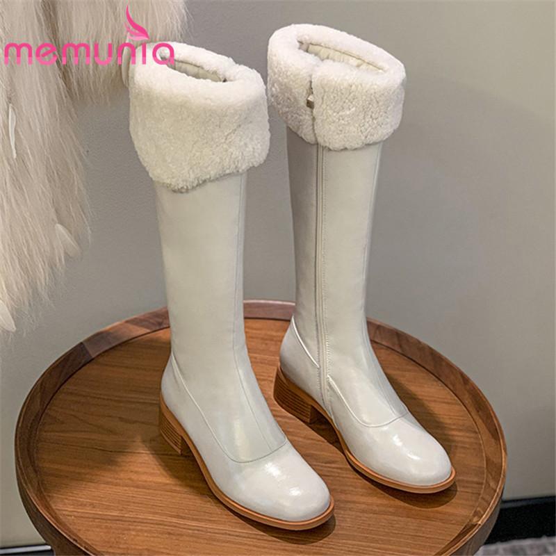 

MEMUNIA 2021 Newest Genuine Leather Winter Boots Women Shoes Round Toe Zip Warm Thick Heel Fashion Knee High Boots Women, Beige