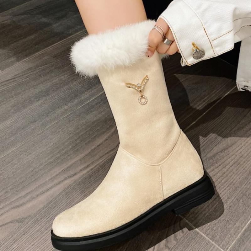 

Fanyuan Keep Warm Winter Mid Calf Boots Metal Decoration Short Boots Flock Casual Round Toe Zipper Women Shoes Big Size 29-46, Beige