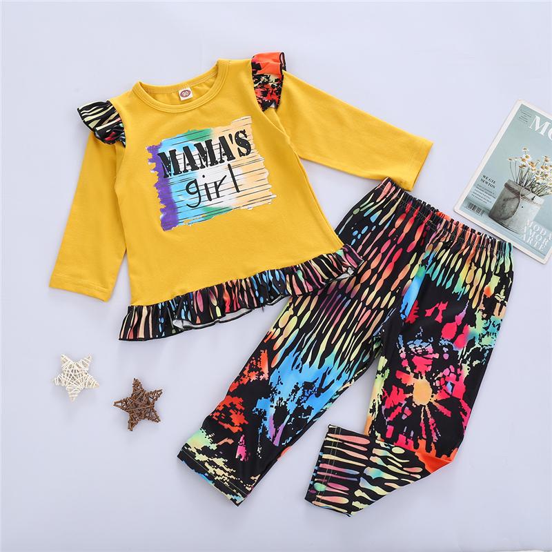 

Little Girls Rainbow Color Print Letter Print Lace Long Sleeve Top Colorful Long Pants 2-piece Suits, Yellow