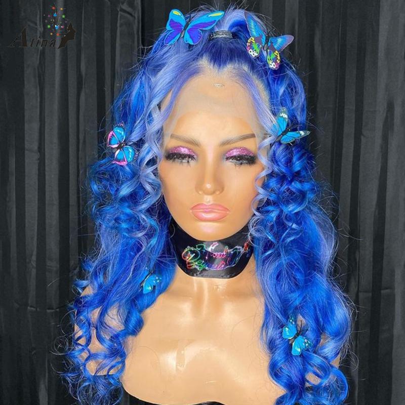 

HD Transparent Pre Plucked Blue Colored Part Lace Human Hair Wigs Remy 130% Density Wigs For Black Women Full Closure Invisible, As pic