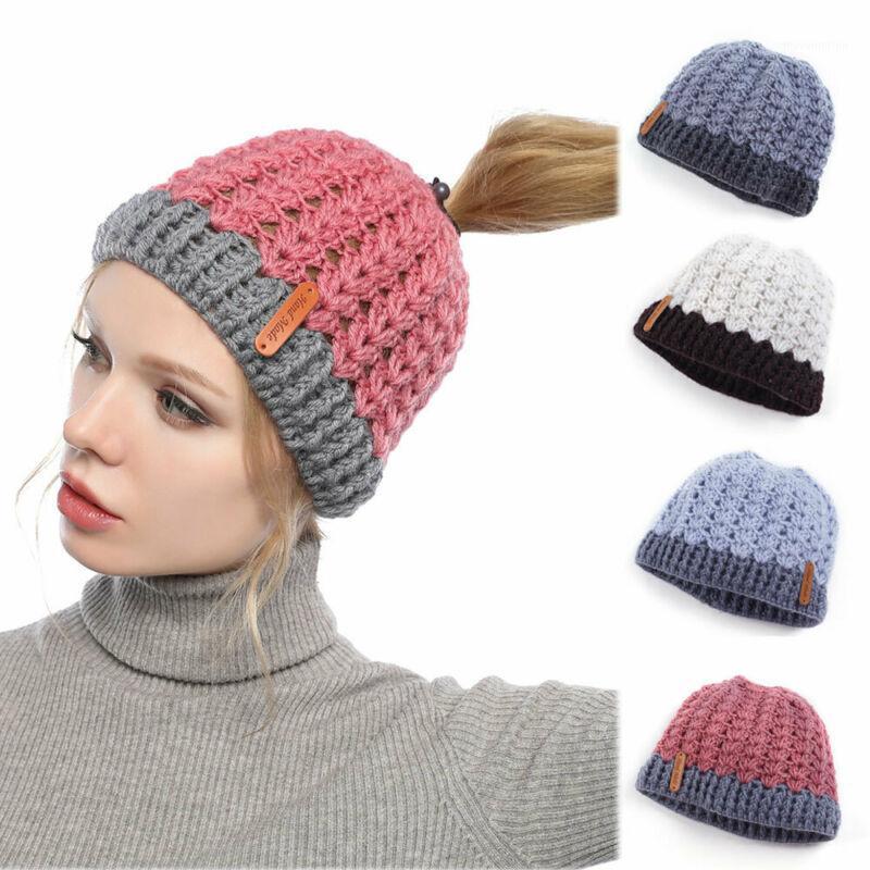 

Fashion Womens Hats Warm Winter Wool Knitted Beanie Bobble Hat Knitted Ski Caps Casual Spliced Solid Color Hats 2020 Hot Black1, Black