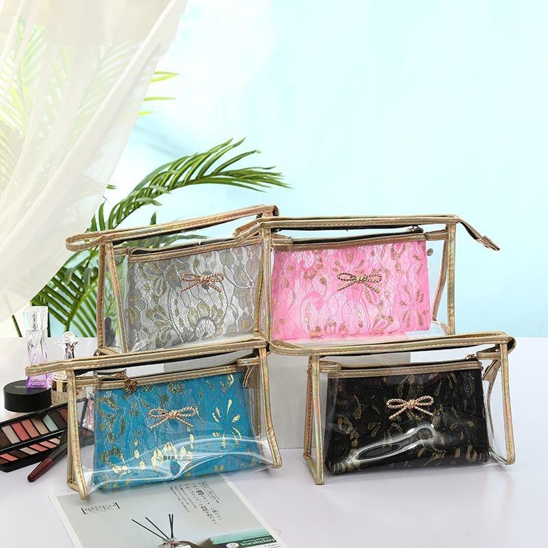 

2020 new ladies cosmetic bag pvc transparent cosmetic bag gauze two-piece travel wash women1, Black