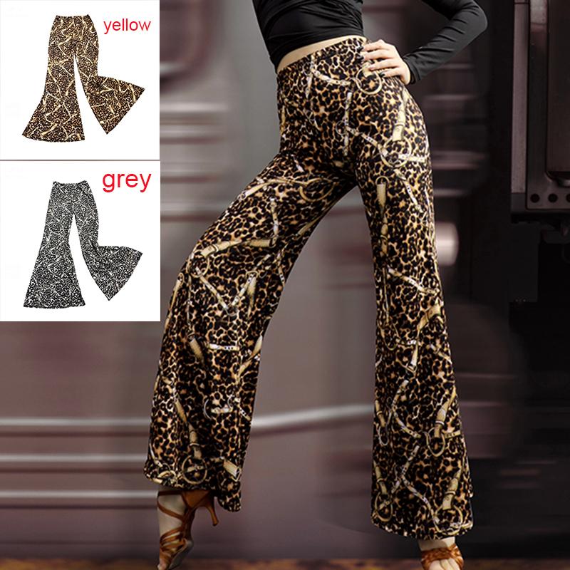 

Latin dance pants women adult new leopard wide leg trousers ballroom dance practice pants, Yellow leopard