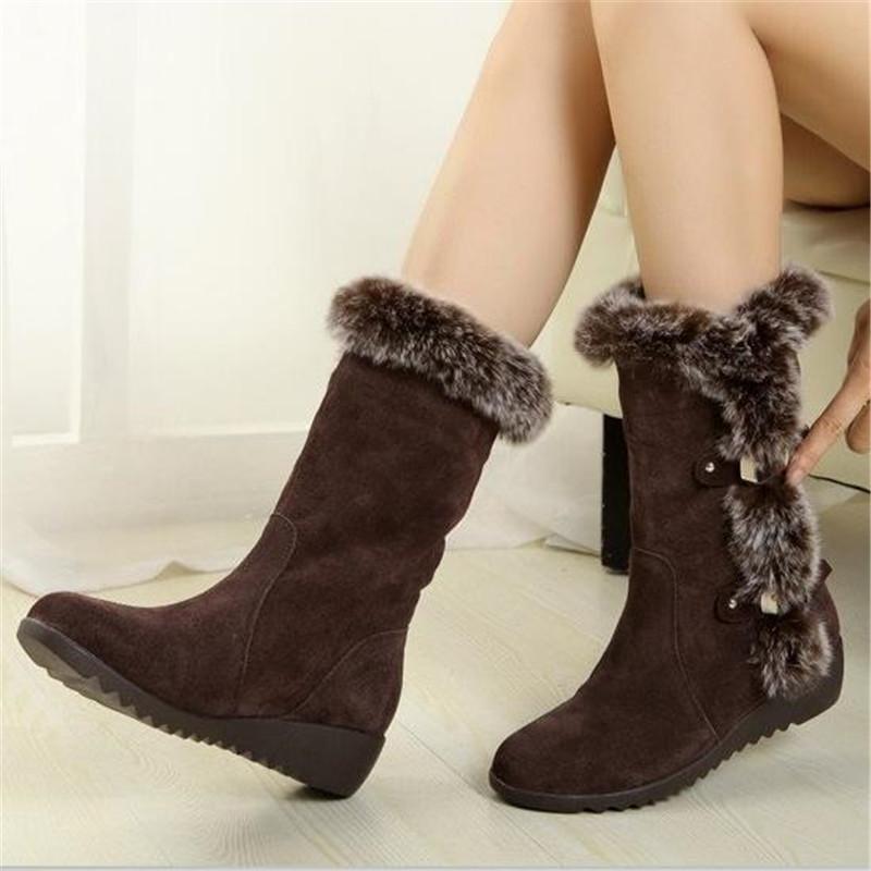 

New Winter Women Boots Casual Warm Fur Mid-Calf Boots shoes Women Slip-On Round Toe wedges Snow shoes Muje Plus size 42, Black