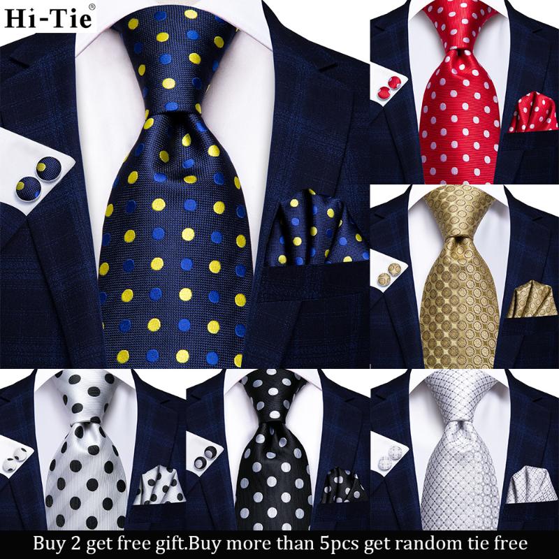

Bow Ties Hi-Tie Navy Blue Red Dot Silk Wedding Tie For Men Hanky Cufflink Mens Gift Set Business Party Drop Fashion Designer