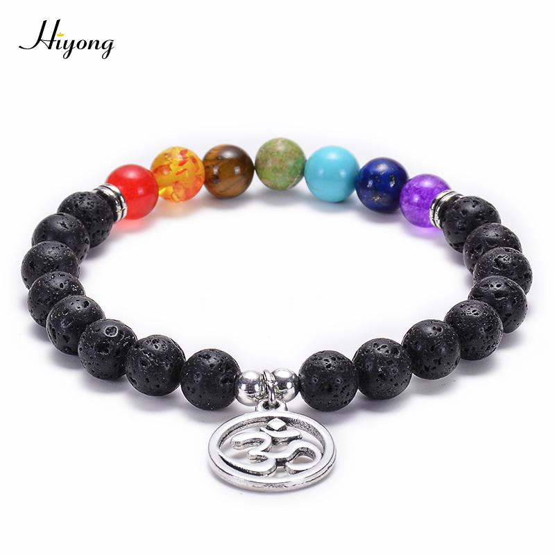 

Beaded, Strands 7 Chakra Religion Healing Balance Stone Bead Bracelet OM/Tree Of Life/Lotus Pendant Black Lava Rock Yoga Charm Jewelry