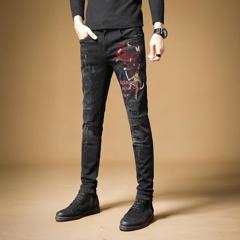 

Winter Men Black Jeans Fashion Embroidery Rhinestone Denim Slim Fit Pencil Pants