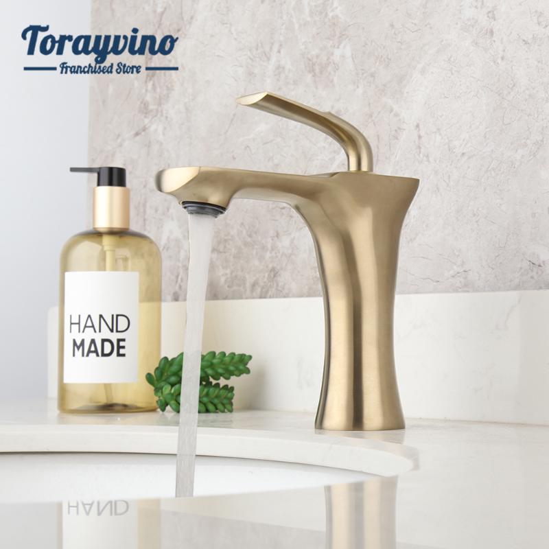 

Torayvino Bathroom Brushed Gold Finished Brass Faucet Basin Sink Mixer Faucets Single Hole Single Handle Deck Mounted Taps