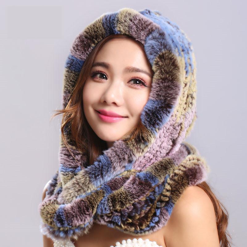 

Thick autumn winter warm real fur scarf and hat Women with a hood rex fur scarf hat