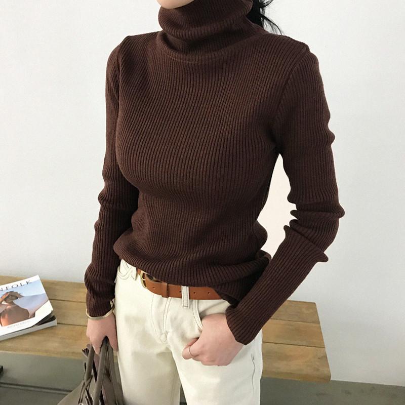 

Long Slim Ribbed Pull Women Sweater Knitted Autumn Stretchable Jumper Sweater Turtleneck Sleeve Spring Pullover Femme, Apricot