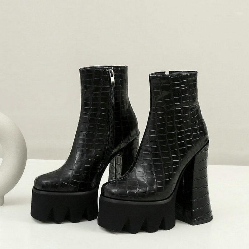 

PU Leather Women Ankle Boots Super Square High Heel 15cm Women Short Boots Fashion Zipper Ladies Autumn Winter Shoes Black1, Black