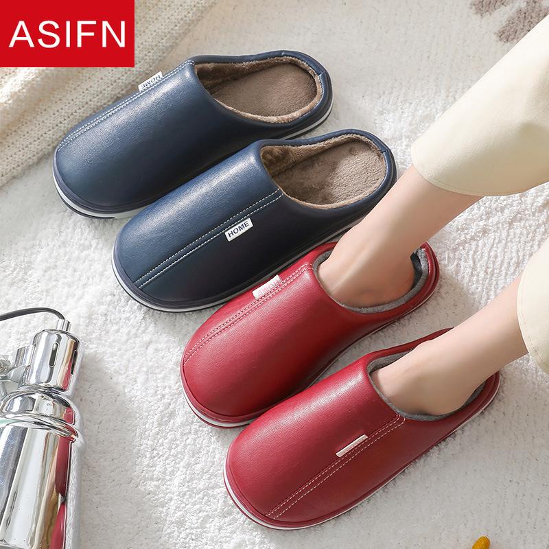 

ASIFN Men Women Slippers PU Leather Winter Fur Slippers Home Warm Indoor Non-Slip Couple Mules Waterproof Plush Zapatos De Mujer, Pink