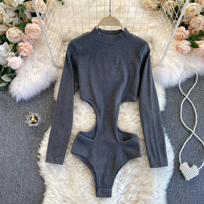 

2021 New Singiny feminine out vintage neck long spring overalls fashion streetwear bodysuit style 7Y35, Black
