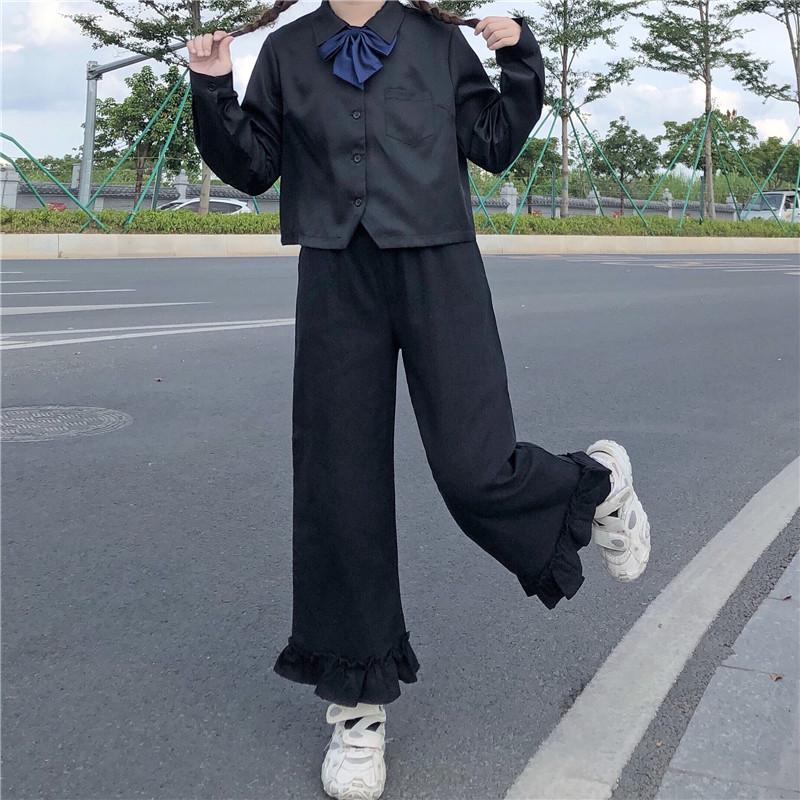 

2021 Autumn Straight Student Cute Girls High Waist Wide-leg Pants Loose Ruffle Trousers Women Wild Elastic waist Casual Pants, Black