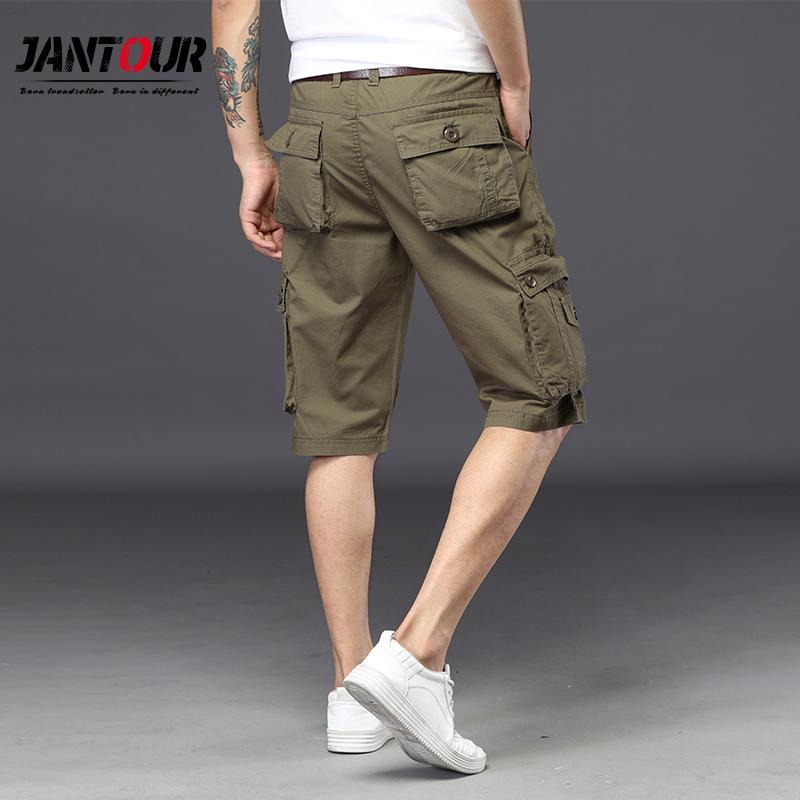 

Jantour Male Shorts Multi Pocket Summer Loose Zipper Breeches Khaki Grey Short Pant Casual Cotton Black Long Mens Cargo Shorts