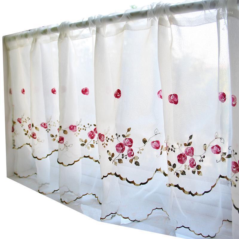 

Pastoral Style Bunk Embroidered Purple Red Floral Lace Edge Tulle Decorative Short Curtain Cupboard Curtain1, As picture
