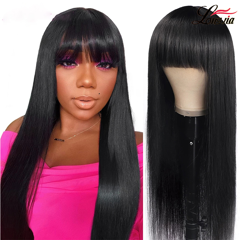 

Brazilian Straight Hair Wigs With Bangs Full Machine Made Human Hair Wigs For Women 150% density, Natural color