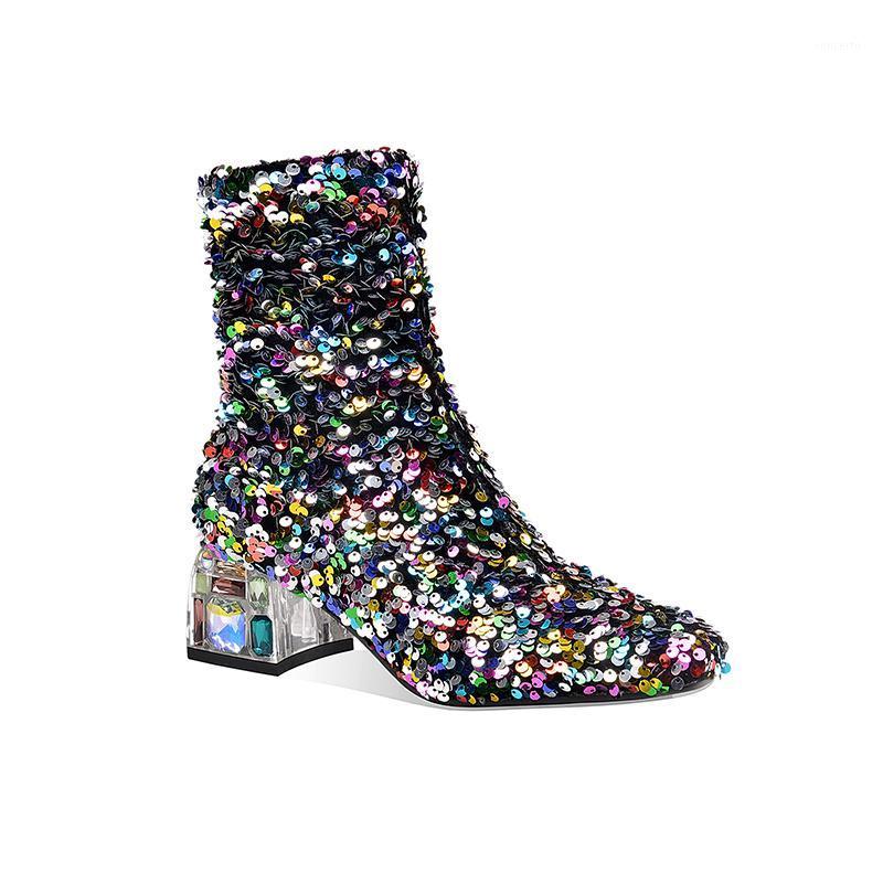 

MKKHOU fashion Short boot Girl 2020 Autumn/Winter new color sequins crystal clear heel 4.5cm middle heel boot size 33-451, Multicolor