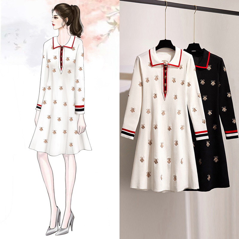 

2021 New Spring Autumn Knit Cartoon Embroidered Bees Woman Plus Size Black Casual Knee-length Straight Es Female 1chd, White