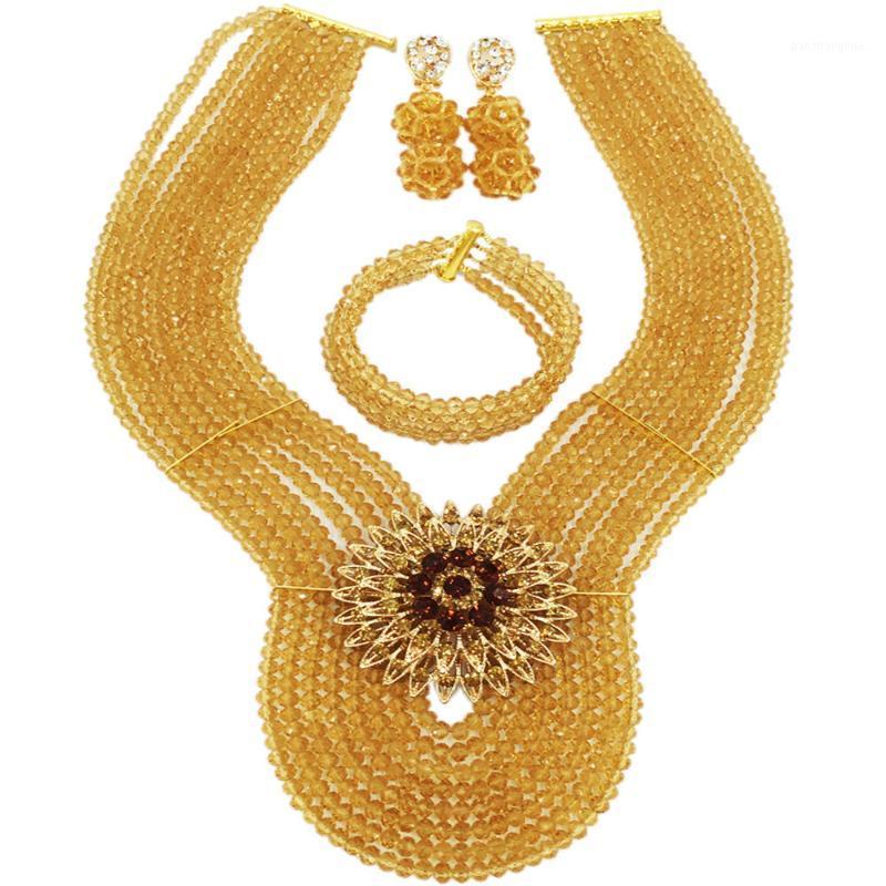 

Earrings & Necklace Champagne Gold Crystal Costume Nigerian African Wedding Beads Jewelry Necklaces Set Bridal Sets 8PD03, Silver