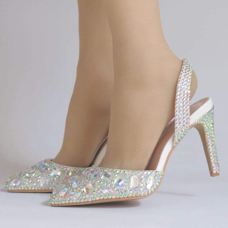 

BaoYaFang Silver/AB Autumn Women Pumps 10CM High Heels Elegant Heeled Sexy Pointed Toe Slingbacks Wedding Party Dress Shoes