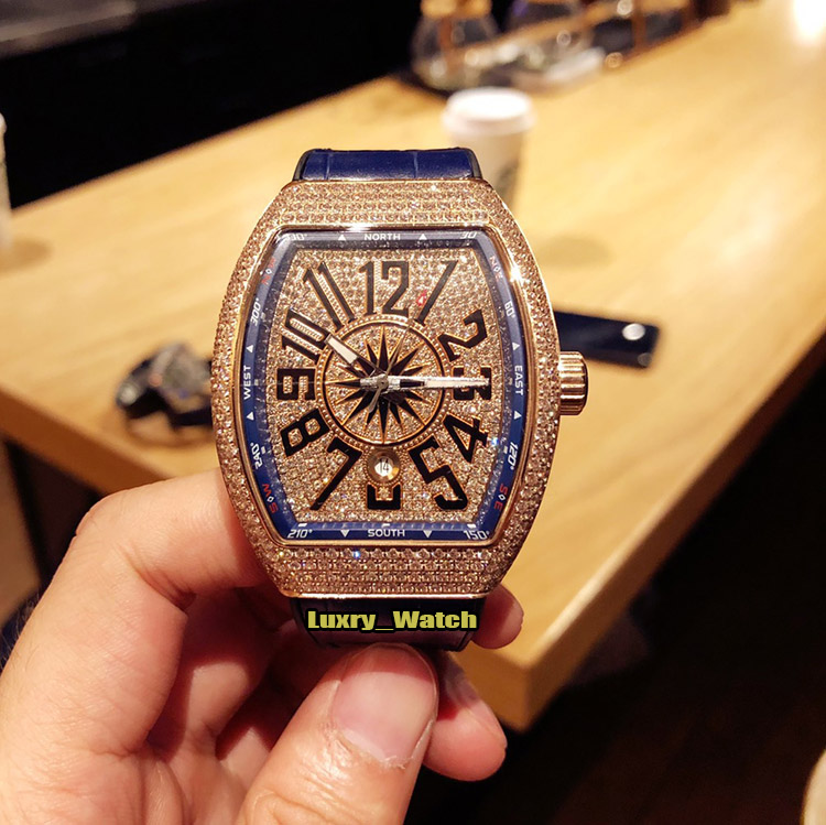 

High version YACHTING V45 SC DT YACHTING OG Diamond Date Dial Automatic Mechanical Mens Watch Rose Gold Diamonds Case Leather Strap Watches, Professional waterproof