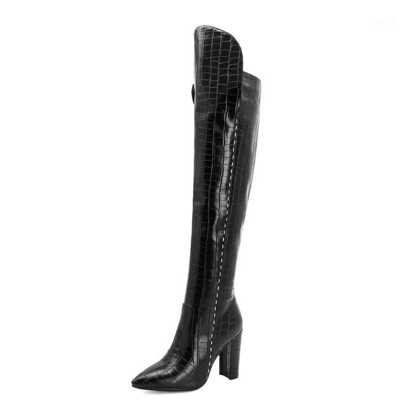 

Pointed-Toe Stone Grain Super High-Heeled Lacquered Boots Crocodile Leather Grain PU Side Zipper Short Plush Boots1, Black