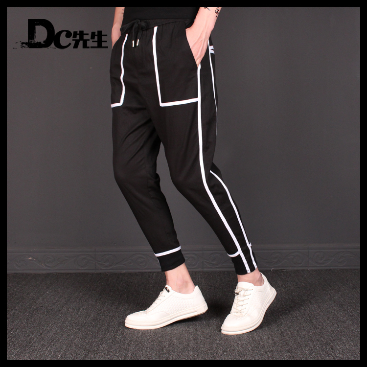 

2021 S-6xl!! Summer New Korean Thin Halen Male Issue Nine Points Hair Styling Hemp Stripe White Striped Pants Casual Tidal Pants. 3ZJN, 01
