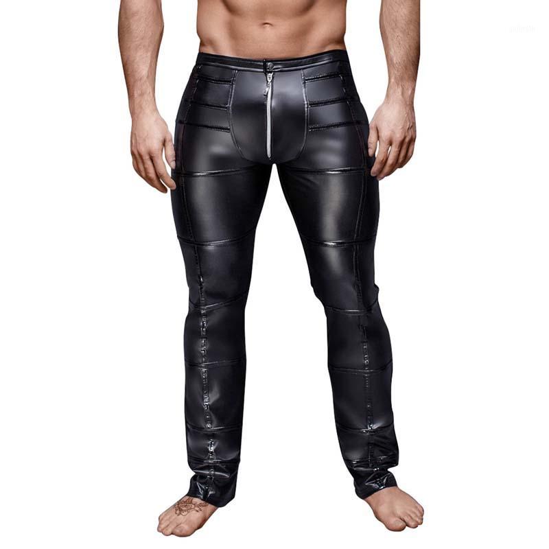 

2020 New Fashion Men' Stretch Tight PU Leather Pants Gothic Black Slim Trousers Leather Biker Pants1