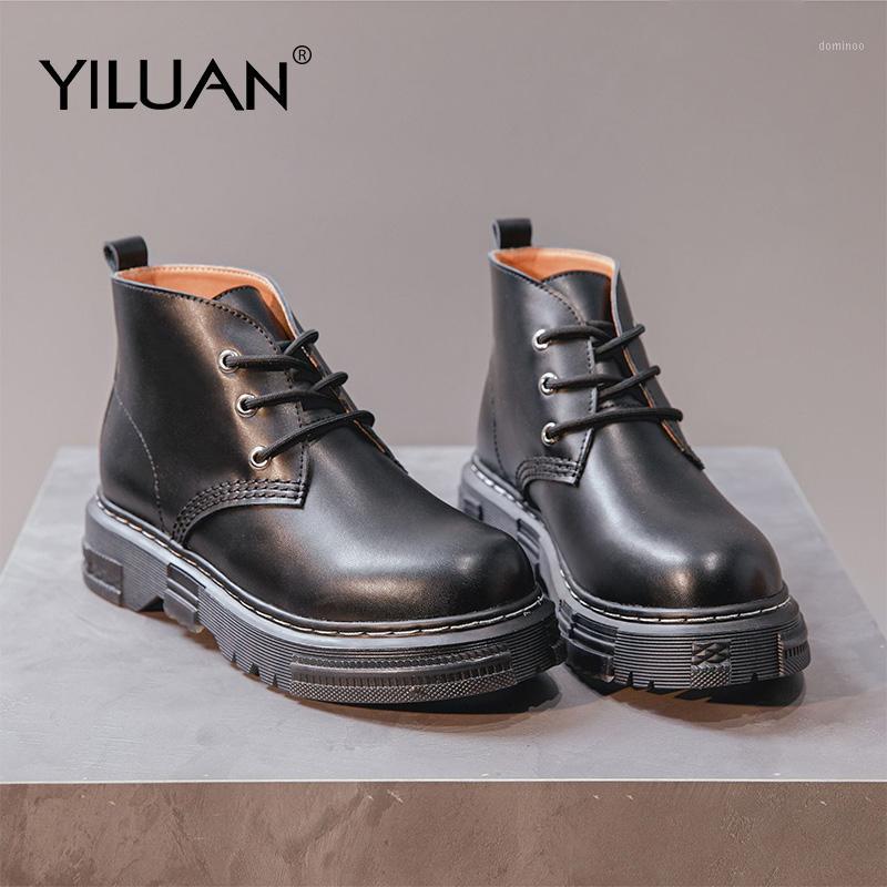 

2020 Autumn New Leather Ankle Boots Thick-Soled Motorcycle Boots Female Three-Hole Retro Student Platform Casual Short1, Black