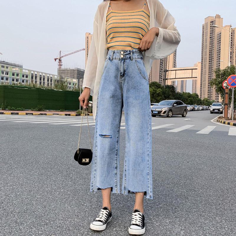 

Ripped Jeans For Women Casual Student Style Loose Cropped Pants Streetwear For Summer High Waist, Blue