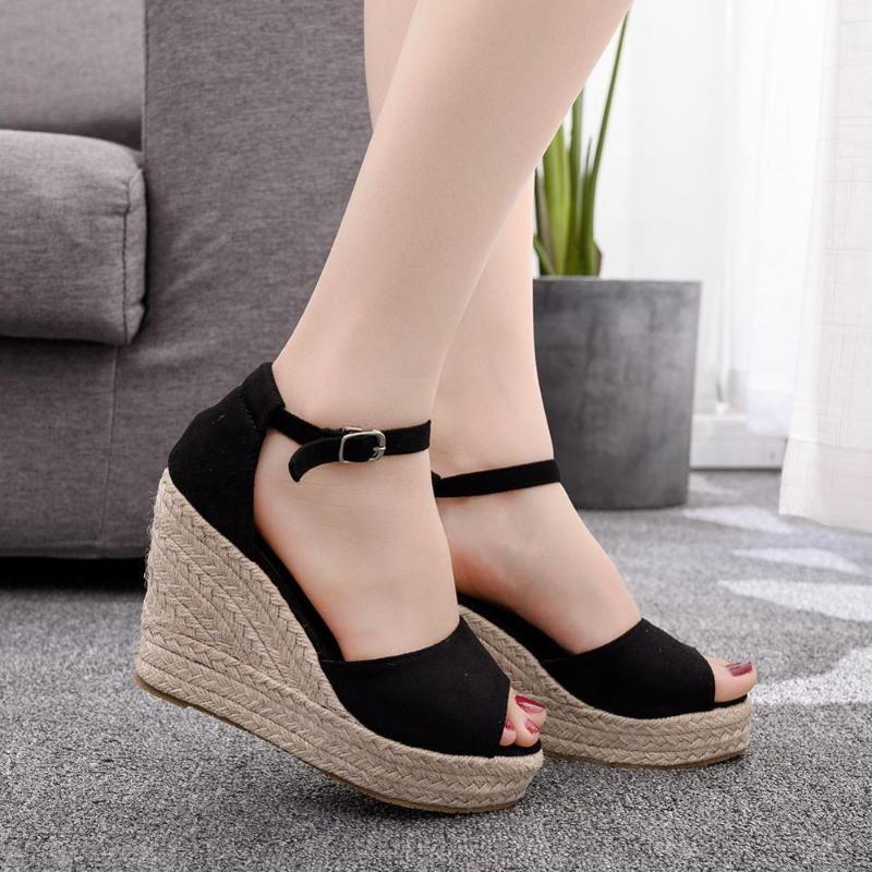 

LIHUAMAO women wedges sandals ankle strap open toe platform Espadrilles shoes casual fashion sandals wedding shoes, Black