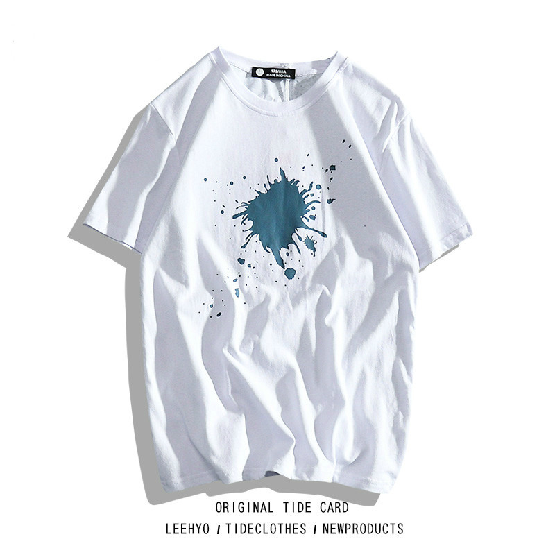 

2021 New Summer Hip Hop Cotton Splash Paint Shirt Hipster Neck Loose Couple t Male Top European American Style 4SGA, White