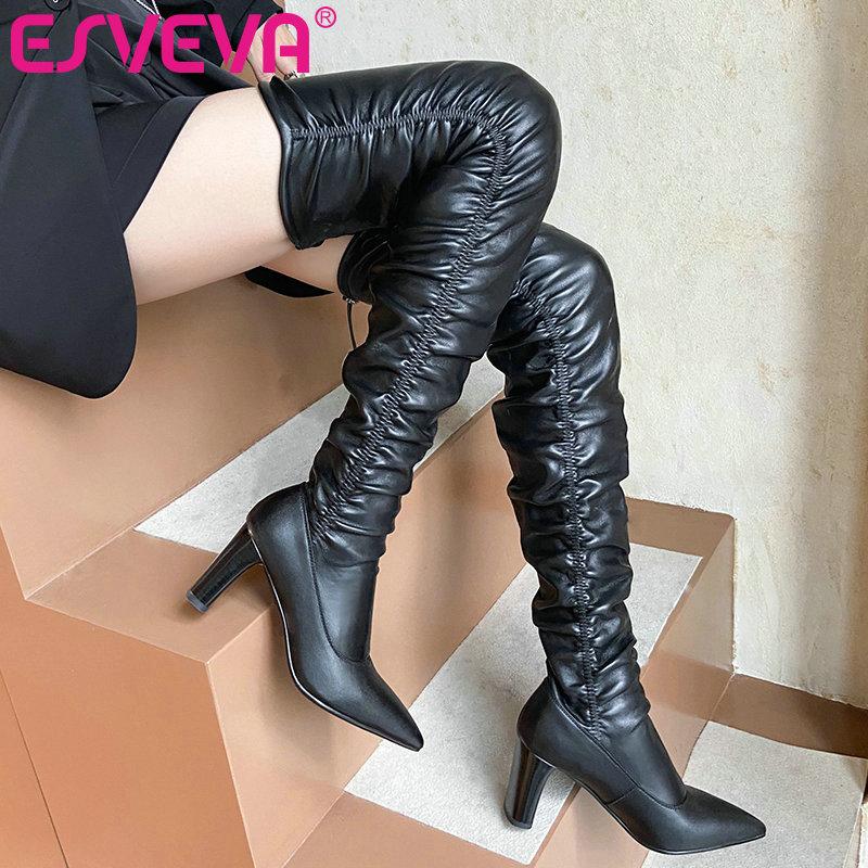 

ESVEVA 2021 Elegant Zipper Square High Heel PU Leather Over The Knee Boots Platform Pointed Toe Women Boots Shoes Size 34-39, Beige