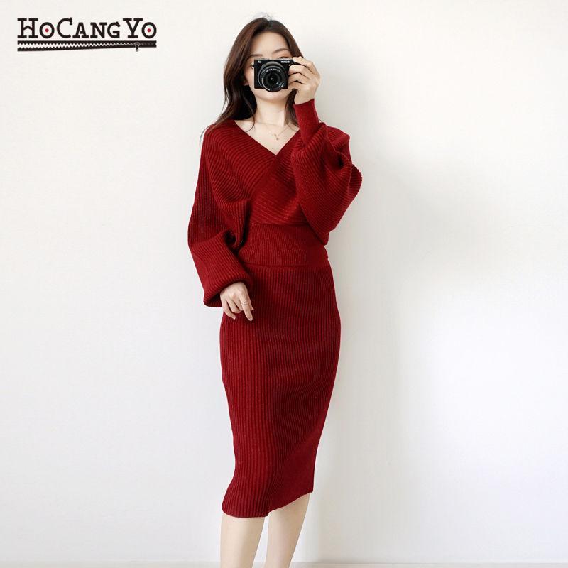 

Autumn 2 Piece Set Sweater Tracksuits Women Midi Skirt + V Neck Pullover Sweater Sets Woman Winter Two Piece Set Knitted Outfits1, Blue