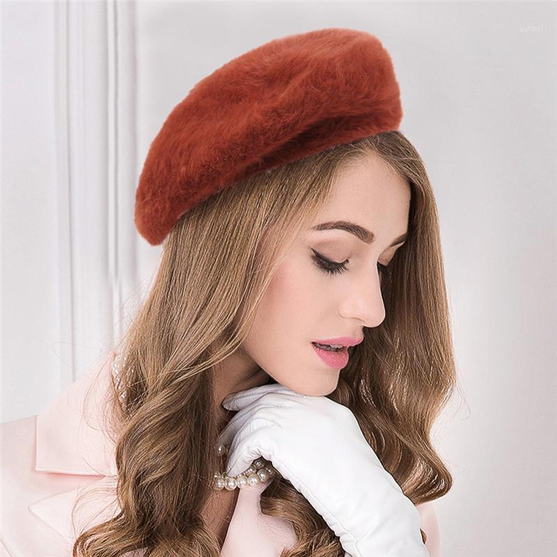 

Brand New Plush Berets Women Fall Winter Warm Beret Cap Solid Color Fur Blend Caps Casual Painter Hat1, Black