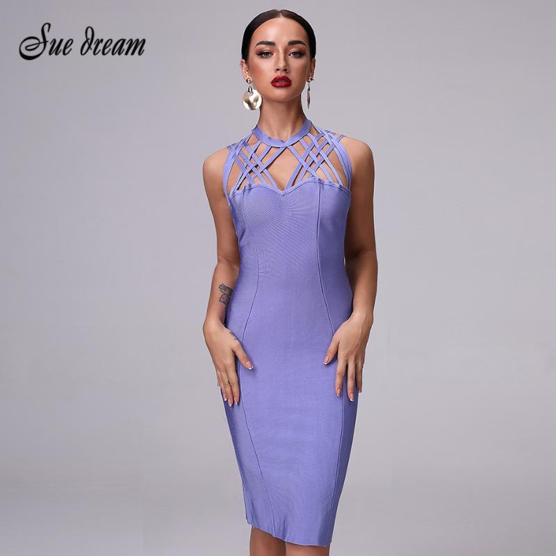 

2020 Newest Women Summer Bandage Dress Lavender O Neck Sleeveless Sexy Bodycon Mini Dress Evening Celebrity Party