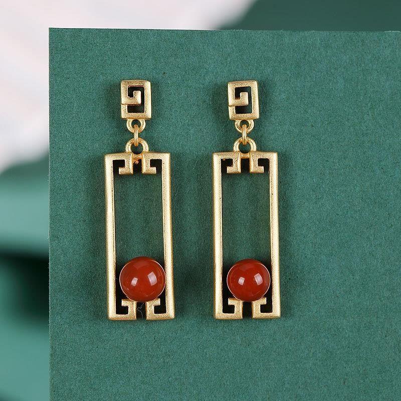 

sterling silver inlaid natural south red agate earrings Chinese style retro rectangular geometry unique women's brand jewelry