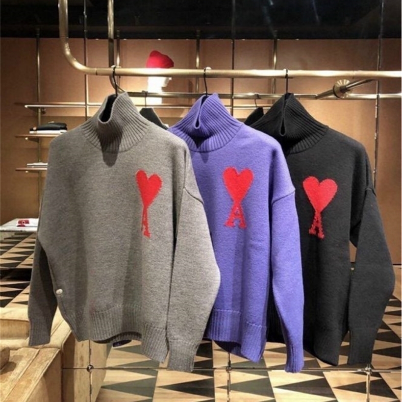 

Autumn Winter New French Turtleneck Couple Top Heart Shape Letter Embroidery Wool Casual Loose Women Men Knit Sweater A1 201221, Black