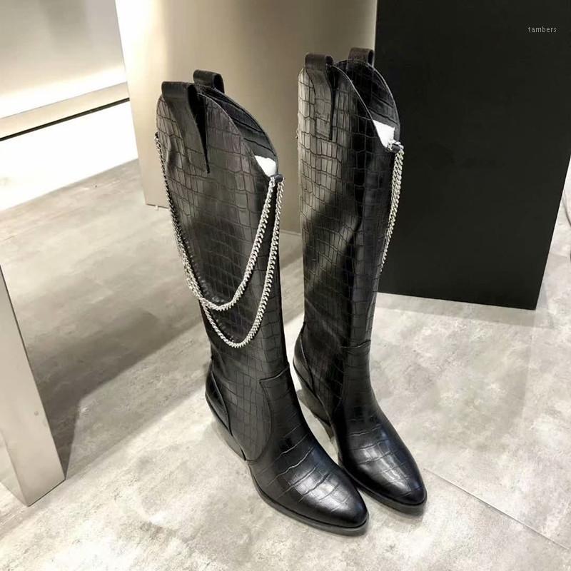 

Knee High Boots Female Shoes Chain Botas Mujer Fashion Ladies Boot Winter Chaussures Femme Pointed Toe Zipper Botas Women Boots1, As show-black
