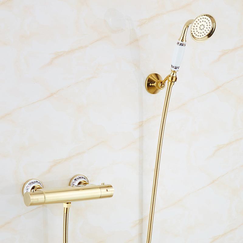 

Bathroom Thermostatic Shower Faucet Set Gold Brass Bathroom Bathtub Shower Faucet Bath Tap Head Wall Mixer Taps1