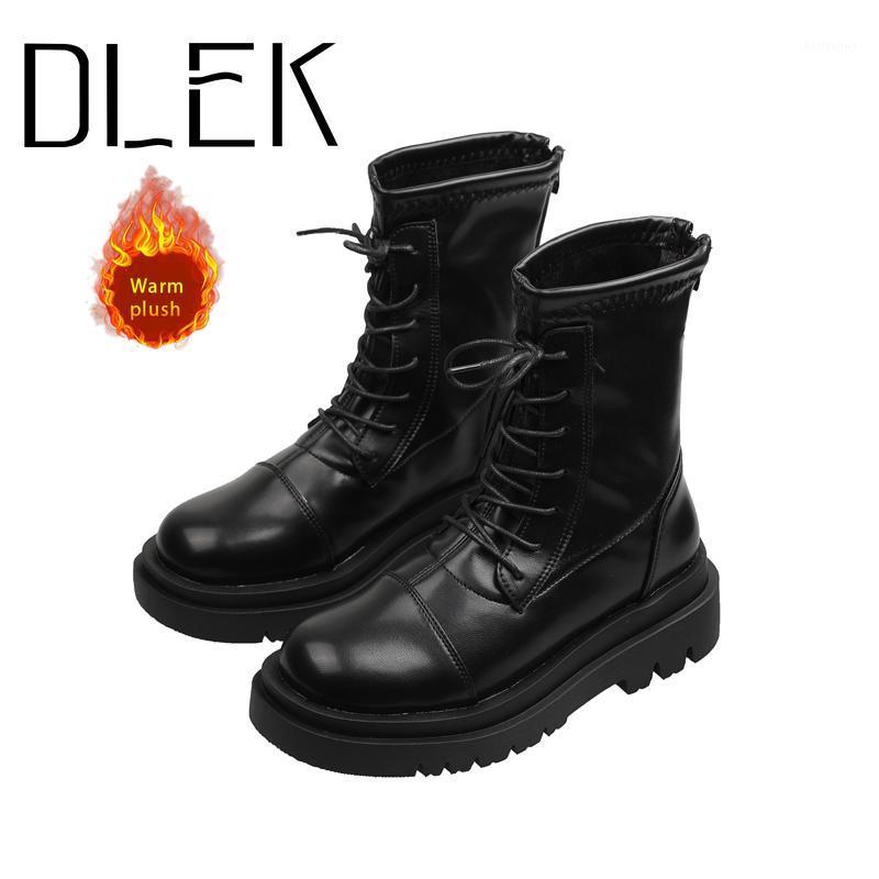 

DLEK Mid-Calf Basic Women Boots Winter Warm Short Tied PU Leather Black Soft Square Heel Female Show Thin Boots1
